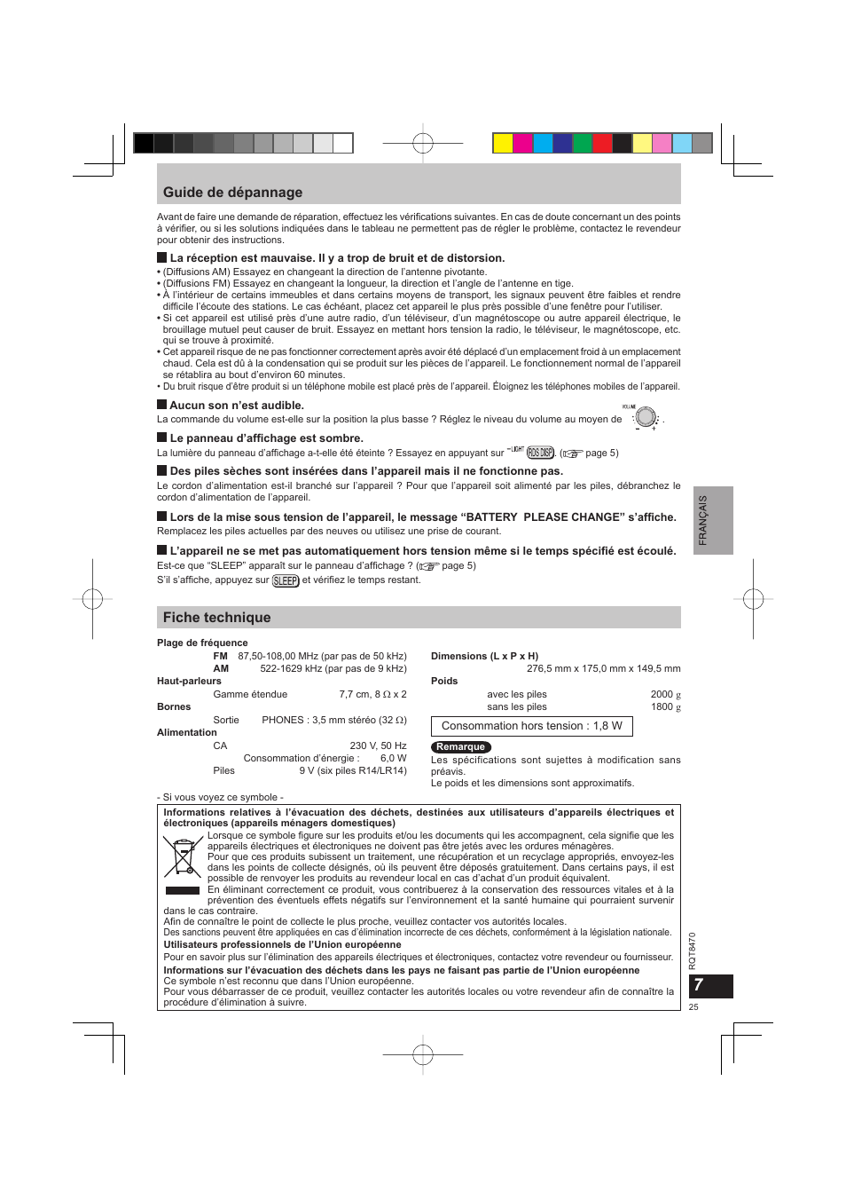 Guide de dépannage, Fiche technique | Panasonic RFU700 User Manual | Page 25 / 80