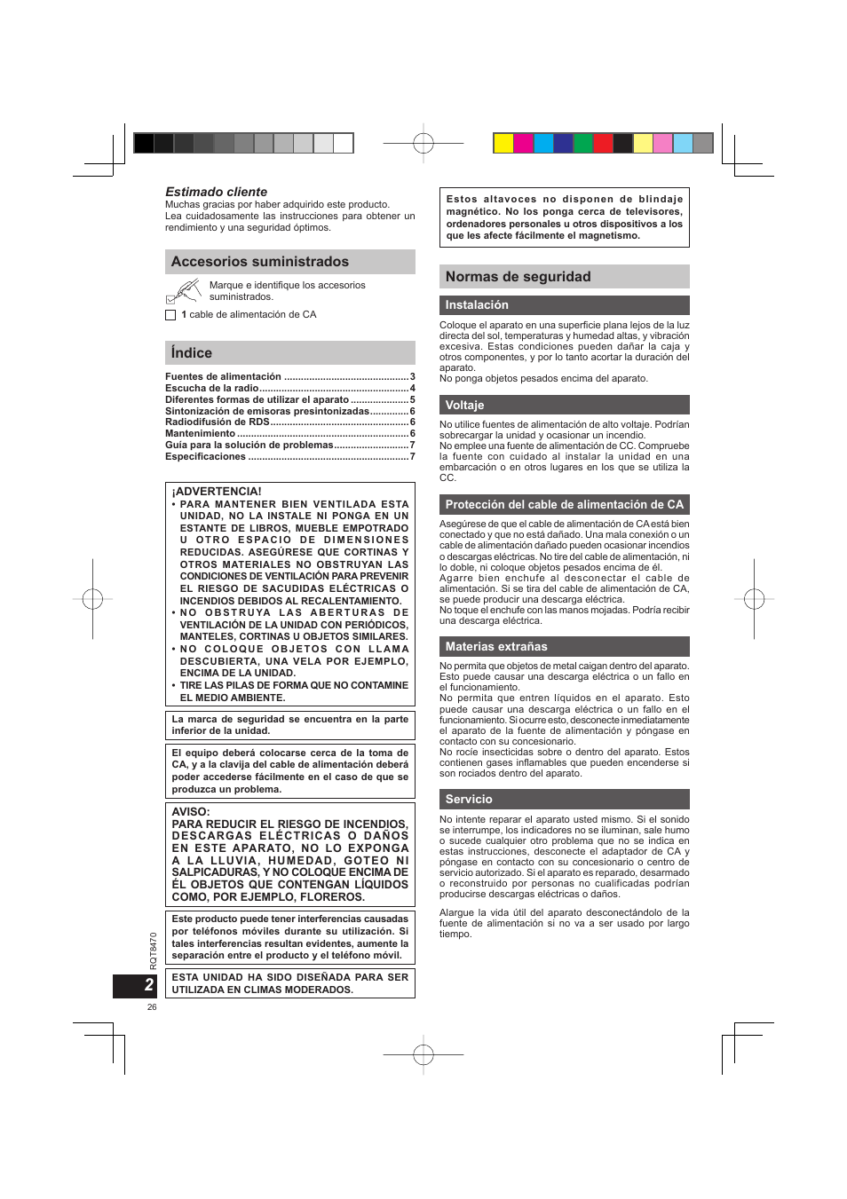 Accesorios suministrados índice, Normas de seguridad | Panasonic RFU700 User Manual | Page 26 / 80