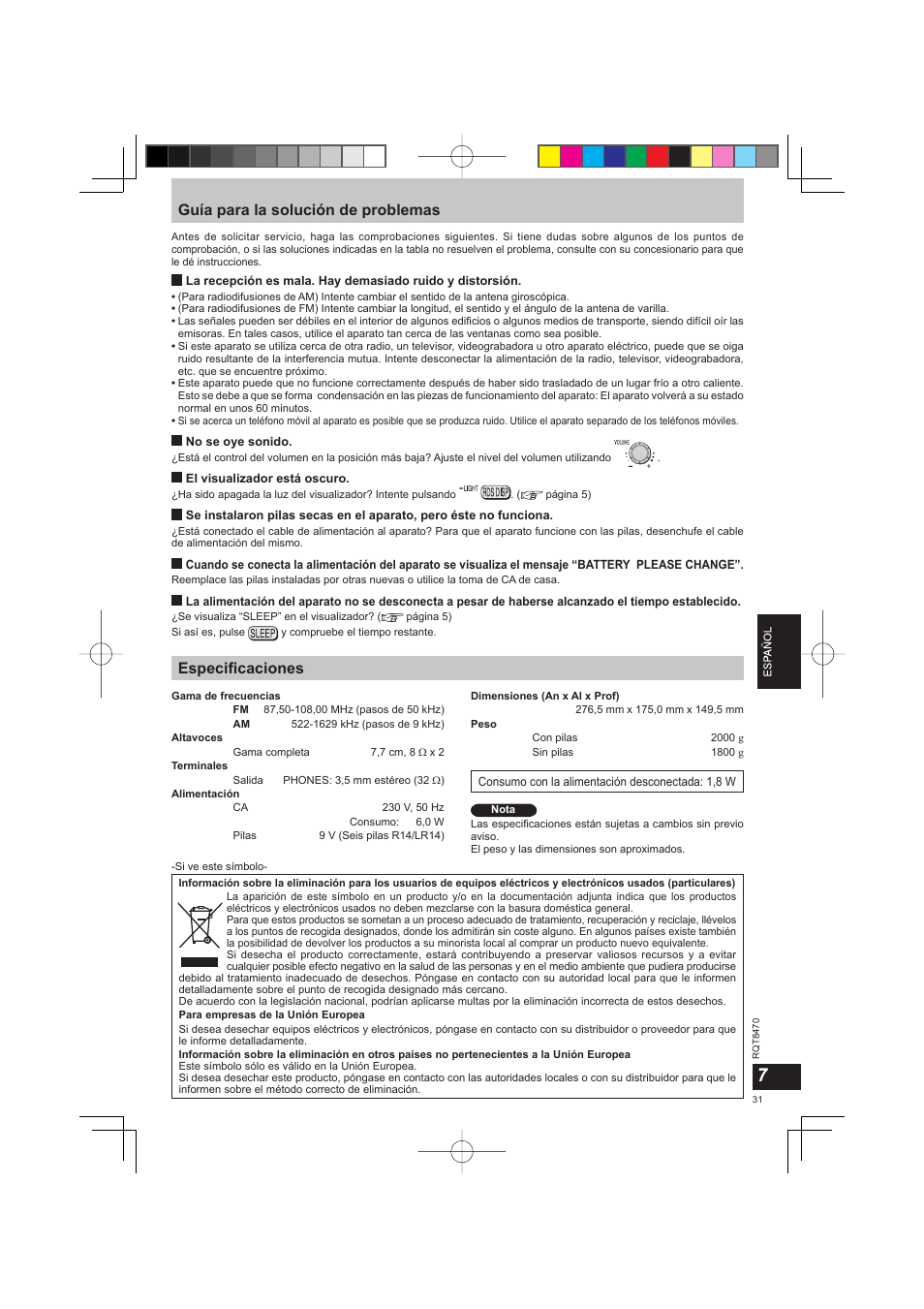 Guía para la solución de problemas, Especifi caciones | Panasonic RFU700 User Manual | Page 31 / 80