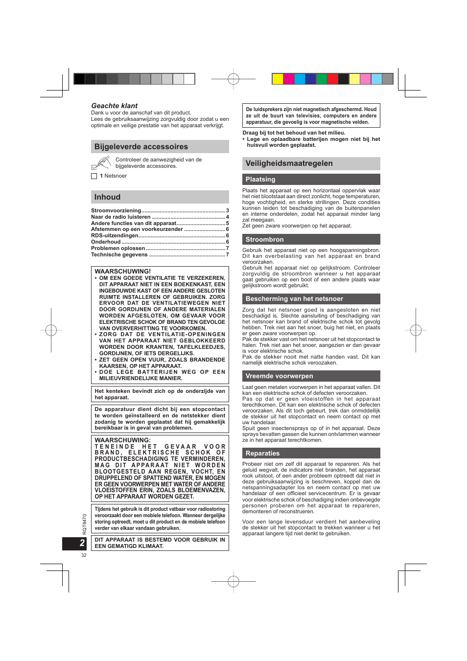 Bijgeleverde accessoires inhoud, Veiligheidsmaatregelen | Panasonic RFU700 User Manual | Page 32 / 80