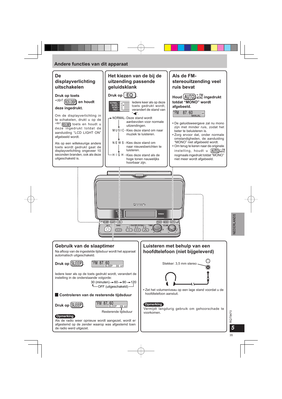 Als de fm- stereouitzending veel ruis bevat, Gebruik van de slaaptimer | Panasonic RFU700 User Manual | Page 35 / 80