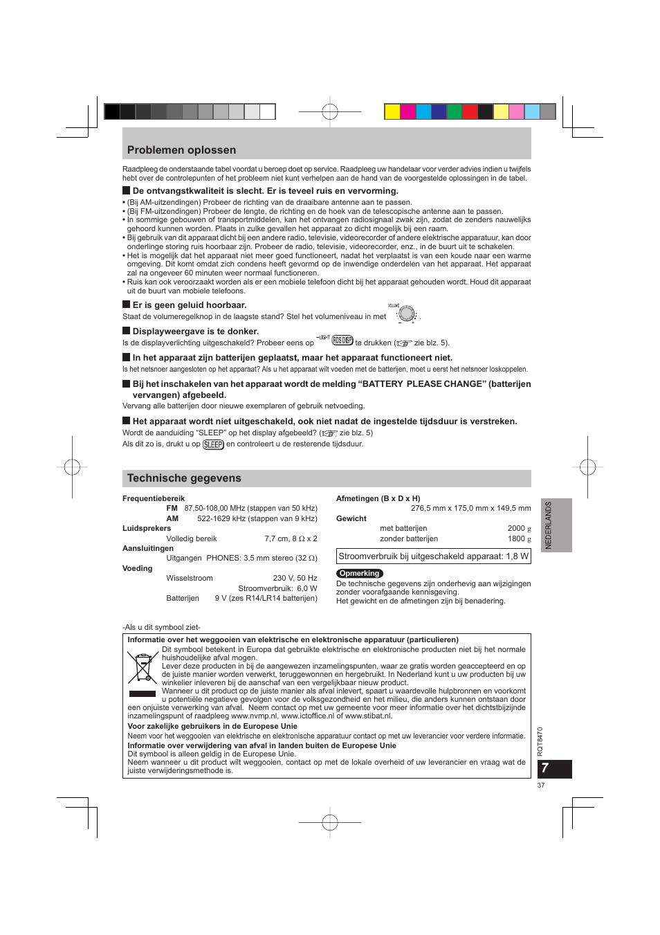 Problemen oplossen, Technische gegevens | Panasonic RFU700 User Manual | Page 37 / 80