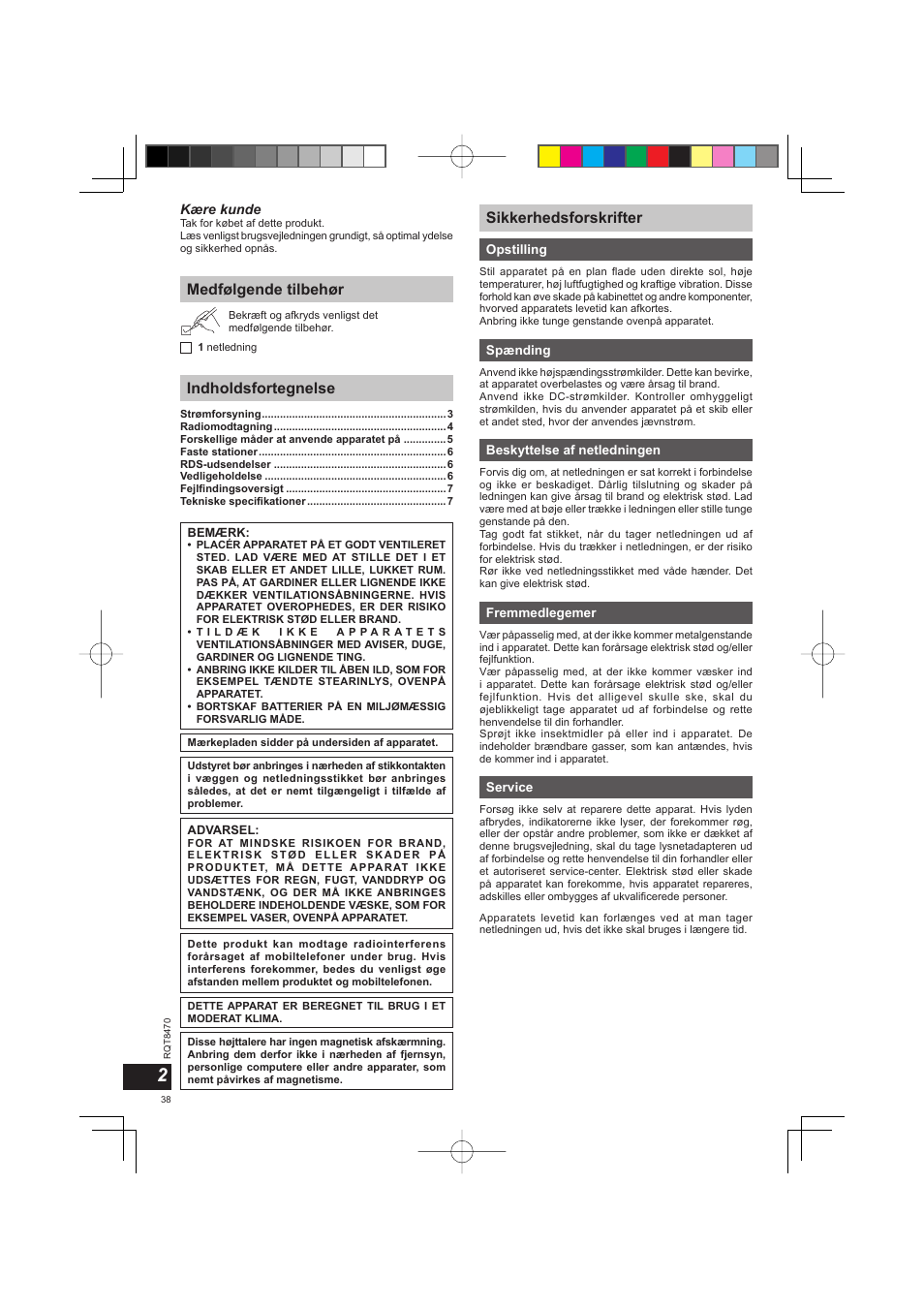 Medfølgende tilbehør indholdsfortegnelse, Sikkerhedsforskrifter | Panasonic RFU700 User Manual | Page 38 / 80