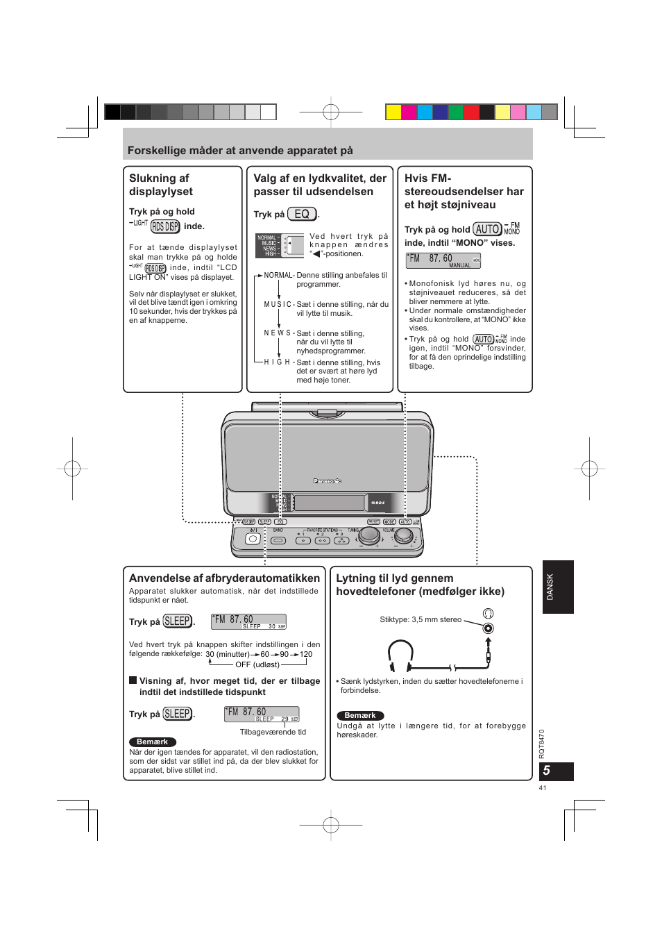 Valg af en lydkvalitet, der passer til udsendelsen, Hvis fm- stereoudsendelser har et højt støjniveau, Anvendelse af afbryderautomatikken | Panasonic RFU700 User Manual | Page 41 / 80