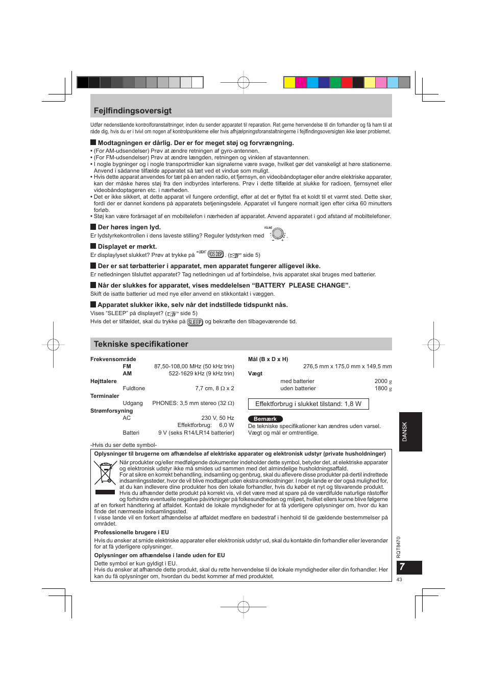 Fejlfi ndingsoversigt, Tekniske specifi kationer | Panasonic RFU700 User Manual | Page 43 / 80