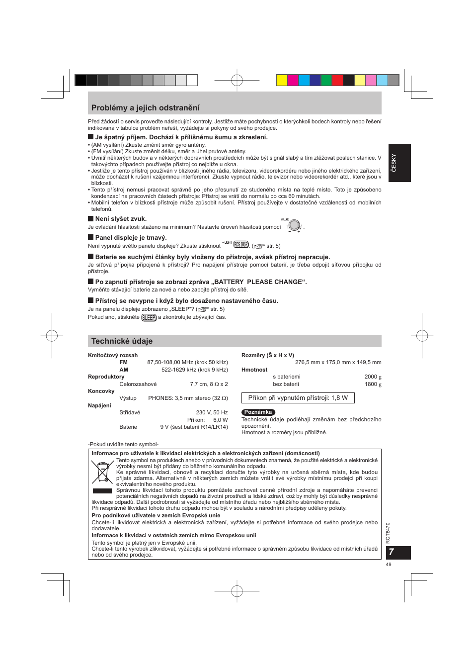 Problémy a jejich odstranění, Technické údaje | Panasonic RFU700 User Manual | Page 49 / 80