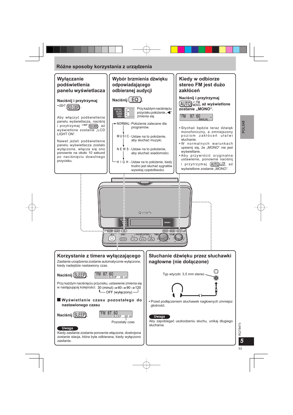 Kiedy w odbiorze stereo fm jest dużo zakłóceń, Korzystanie z timera wyłączającego | Panasonic RFU700 User Manual | Page 53 / 80