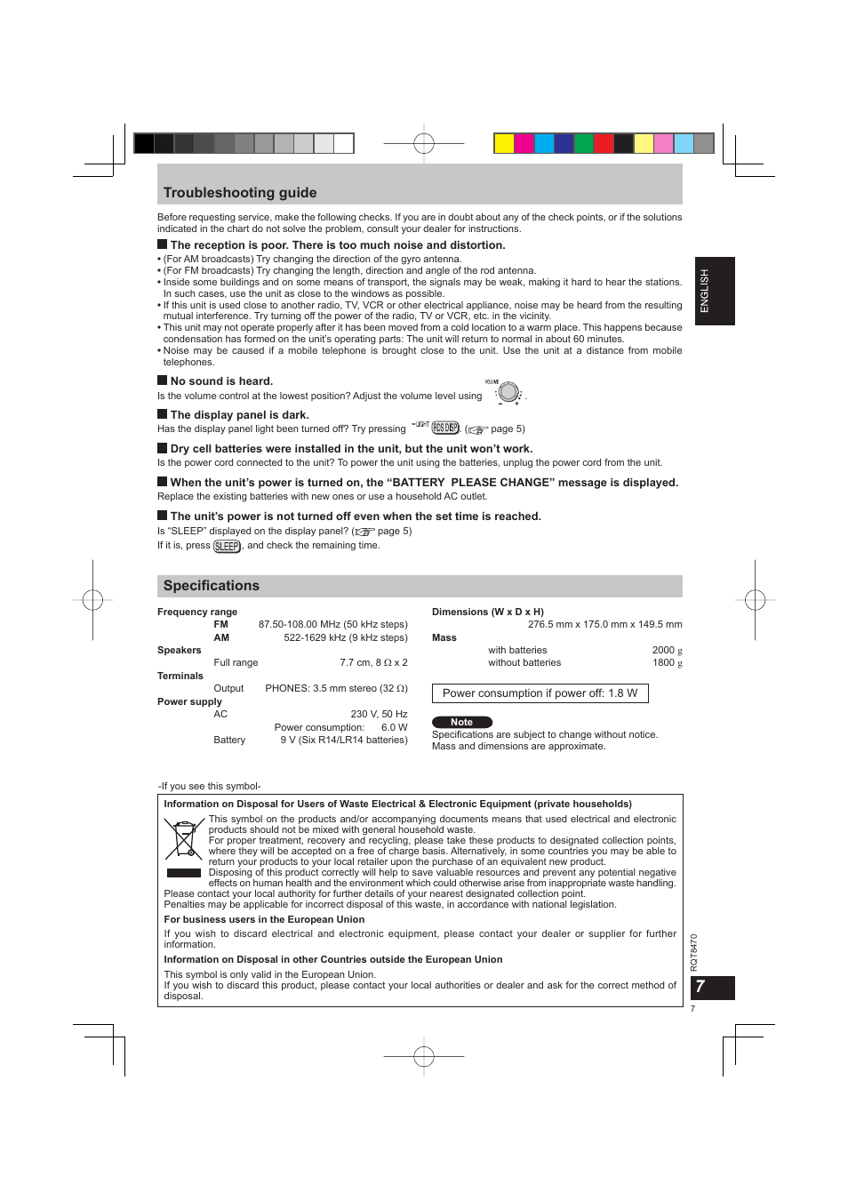 Troubleshooting guide, Specifi cations | Panasonic RFU700 User Manual | Page 7 / 80