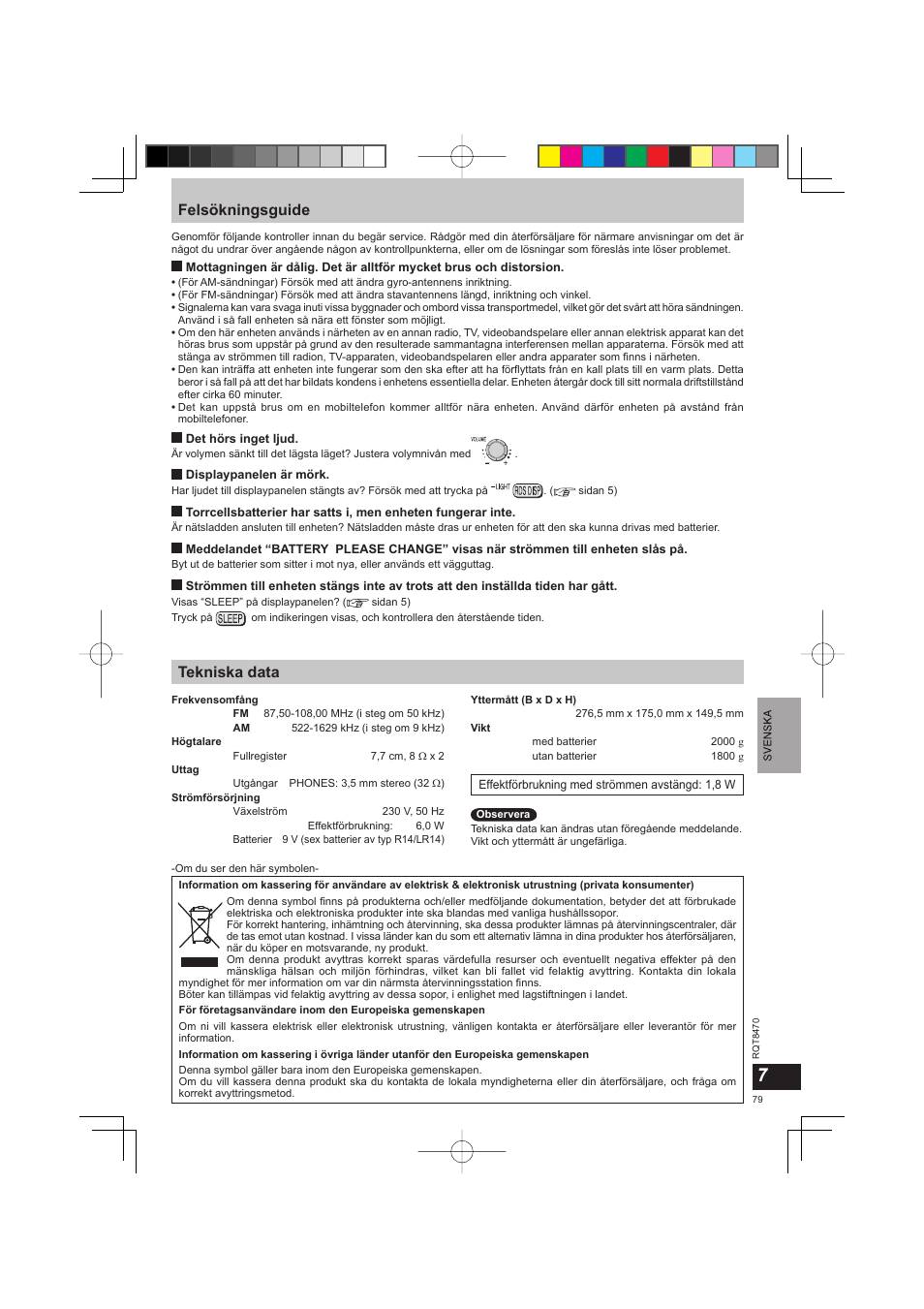 Felsökningsguide, Tekniska data | Panasonic RFU700 User Manual | Page 79 / 80