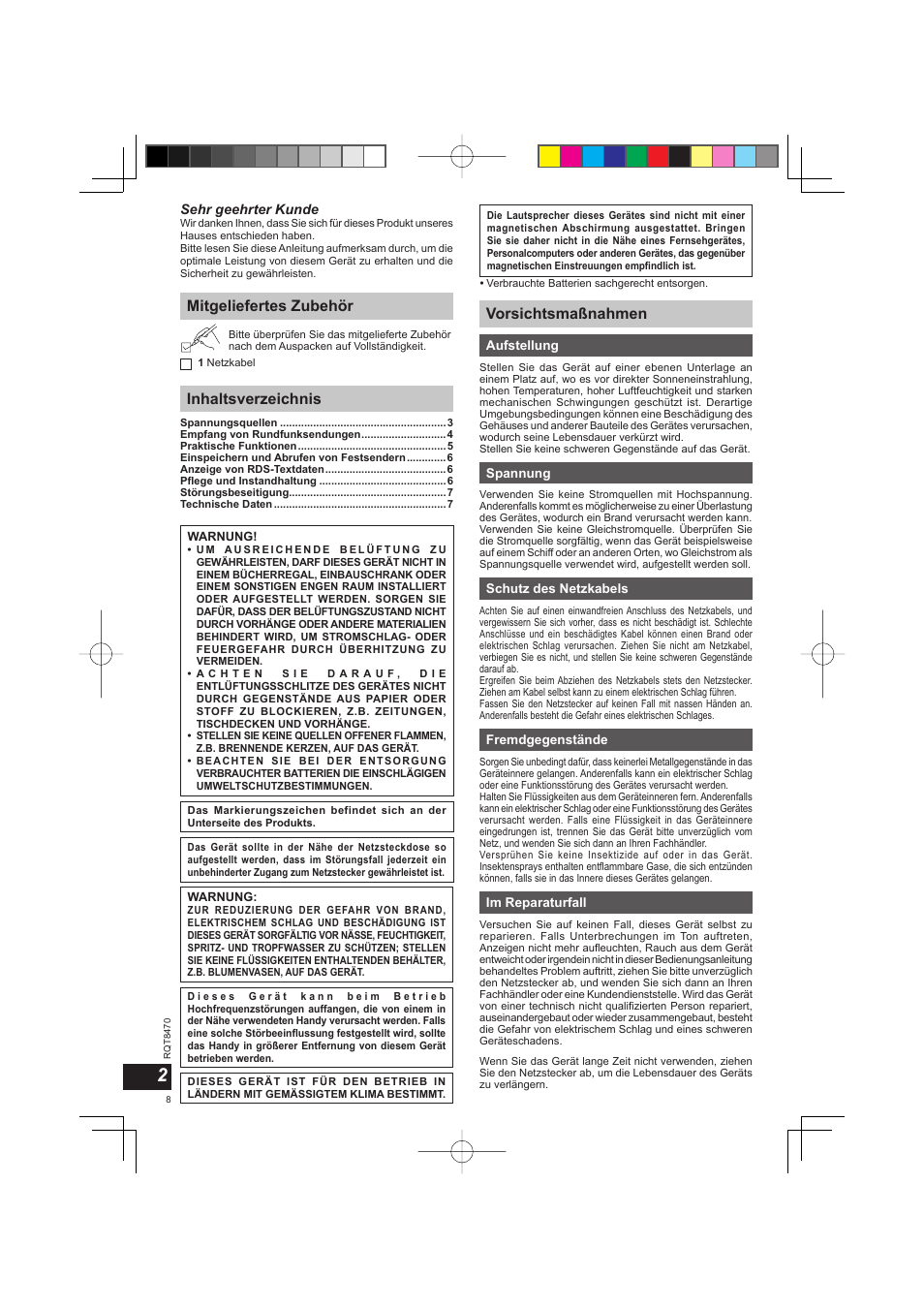 Mitgeliefertes zubehör inhaltsverzeichnis, Vorsichtsmaßnahmen | Panasonic RFU700 User Manual | Page 8 / 80