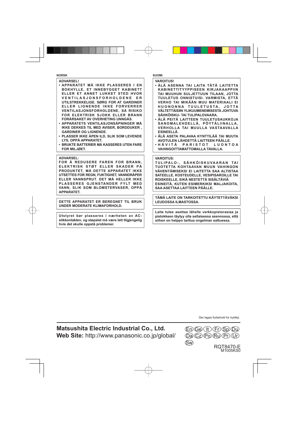 Ur po da sw ru pr du sp it ge en fr cz rqt8470-e | Panasonic RFU700 User Manual | Page 80 / 80