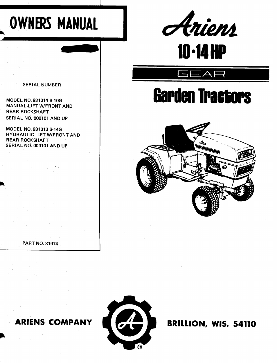 Ariens GARDEN TRACTORS 931013 S-14G User Manual | 36 pages