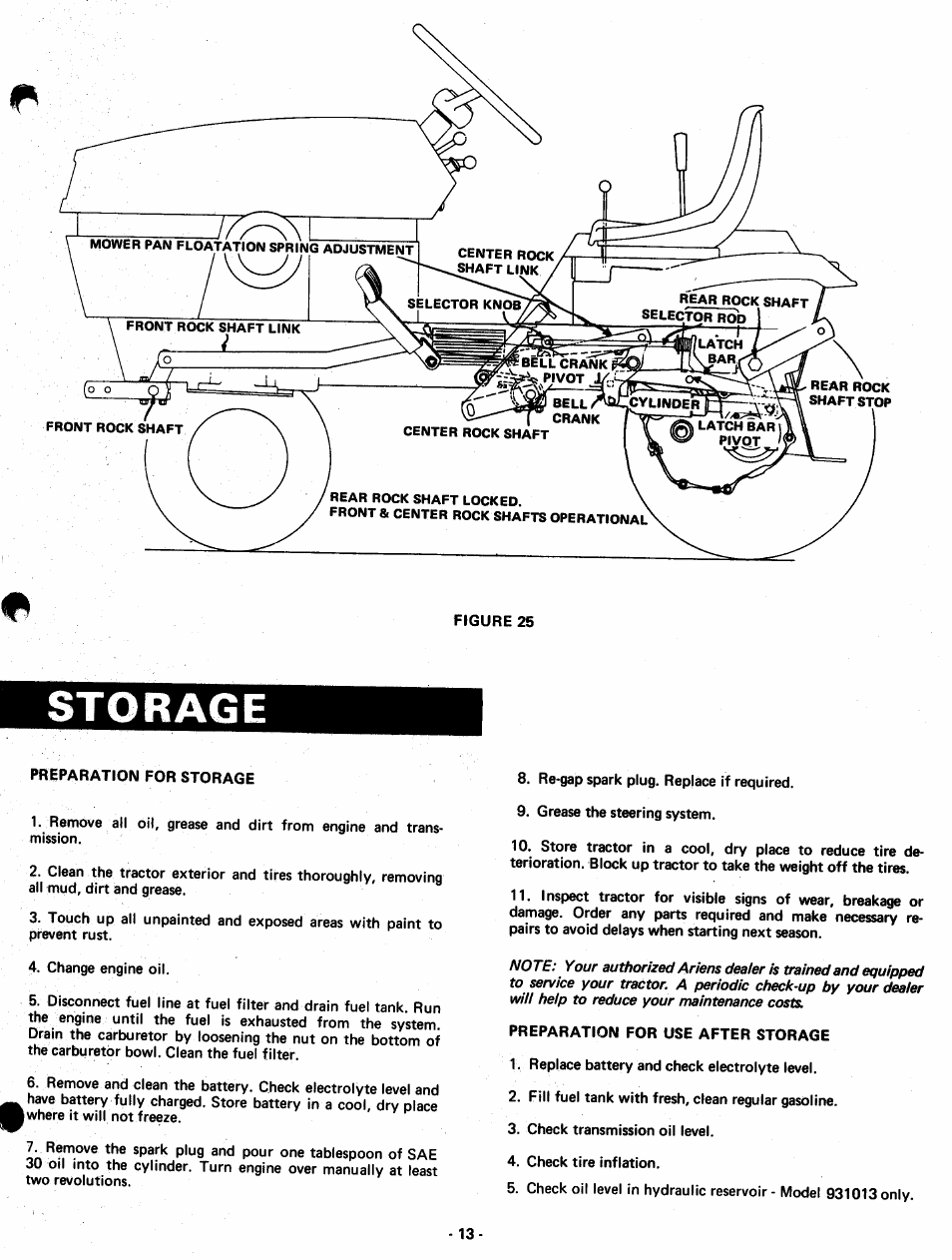 Storage | Ariens GARDEN TRACTORS 931013 S-14G User Manual | Page 13 / 36