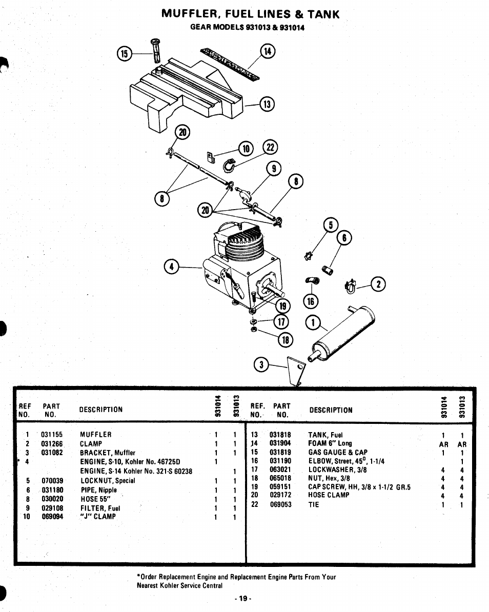 Muffler, fuel lines & tank | Ariens GARDEN TRACTORS 931013 S-14G User Manual | Page 19 / 36