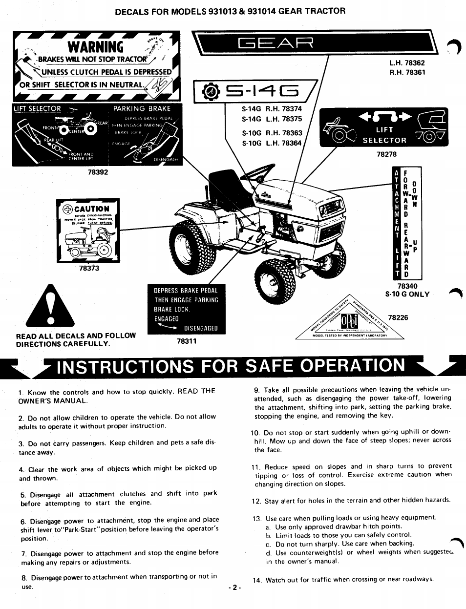 Instructions for safe operation, Warning, S-l-te/y | Hift, Neutral.xji | Ariens GARDEN TRACTORS 931013 S-14G User Manual | Page 2 / 36