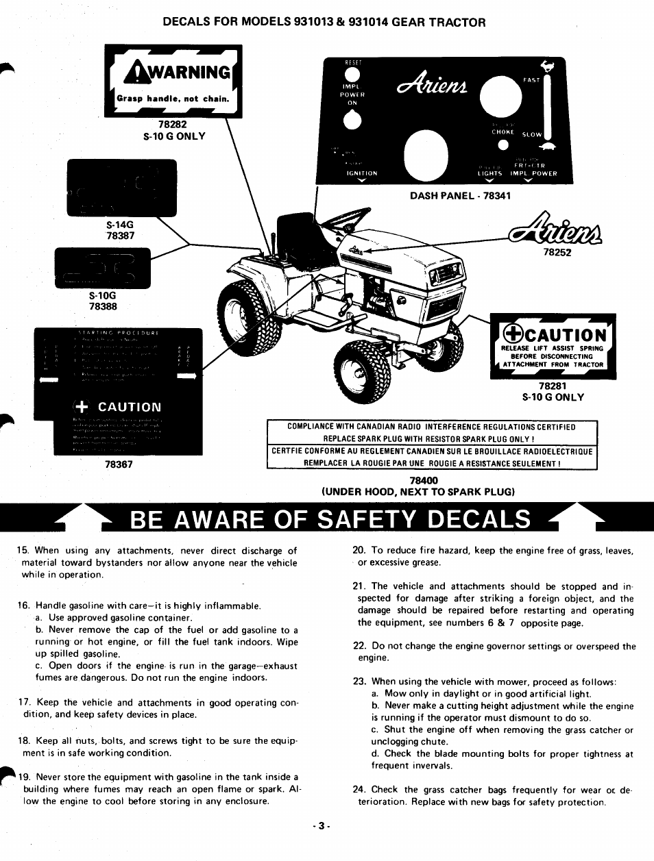 Be aware of safety decals, Caution, Warning | Ariens GARDEN TRACTORS 931013 S-14G User Manual | Page 3 / 36