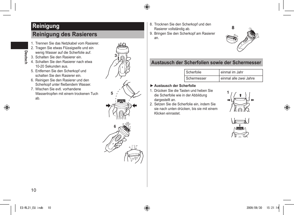 Reinigung reinigung des rasierers, Austausch der scherfolien sowie der schermesser | Panasonic ESRL21 User Manual | Page 10 / 92