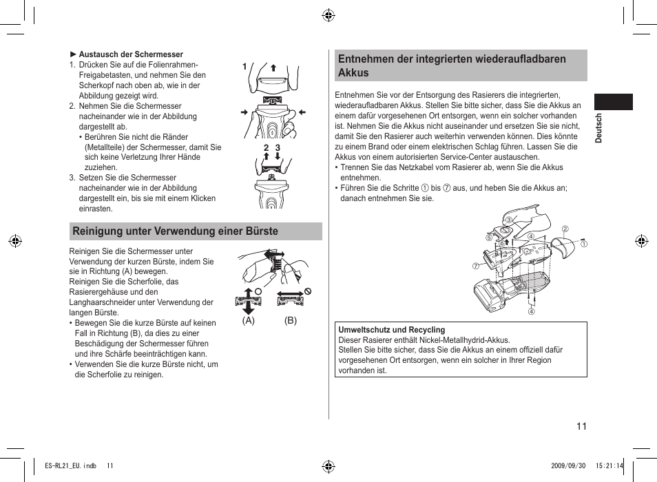 Reinigung unter verwendung einer bürste, Entnehmen der integrierten wiederaufladbaren akkus | Panasonic ESRL21 User Manual | Page 11 / 92
