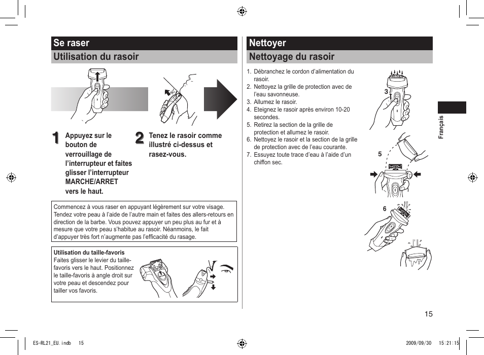 Se raser utilisation du rasoir, Nettoyer nettoyage du rasoir | Panasonic ESRL21 User Manual | Page 15 / 92