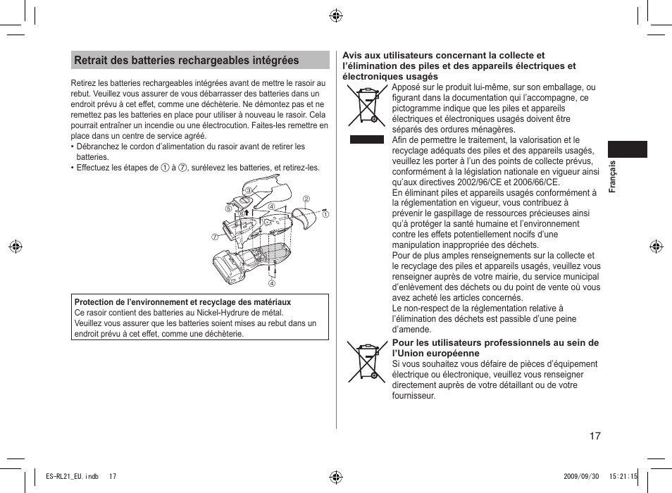 Retrait des batteries rechargeables intégrées | Panasonic ESRL21 User Manual | Page 17 / 92