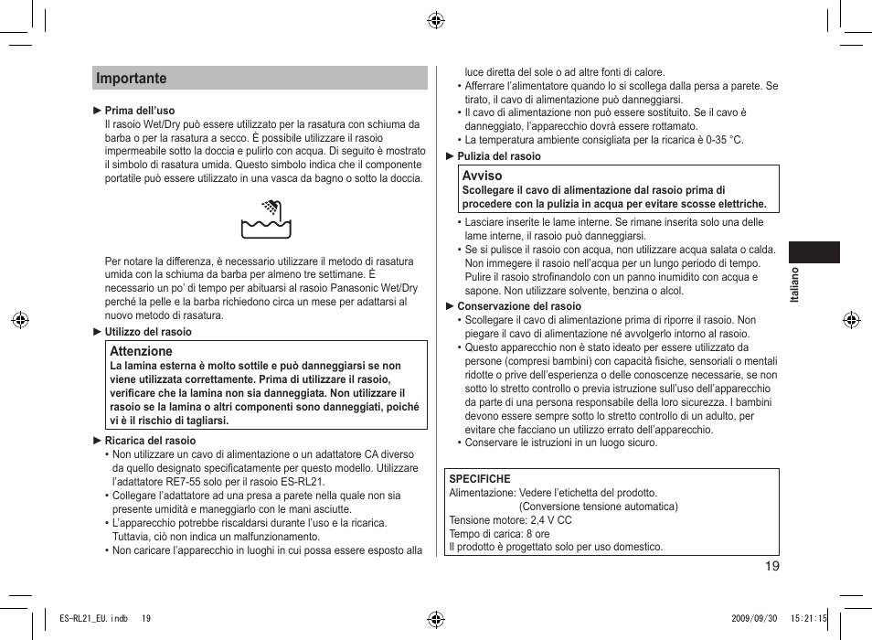 Importante | Panasonic ESRL21 User Manual | Page 19 / 92