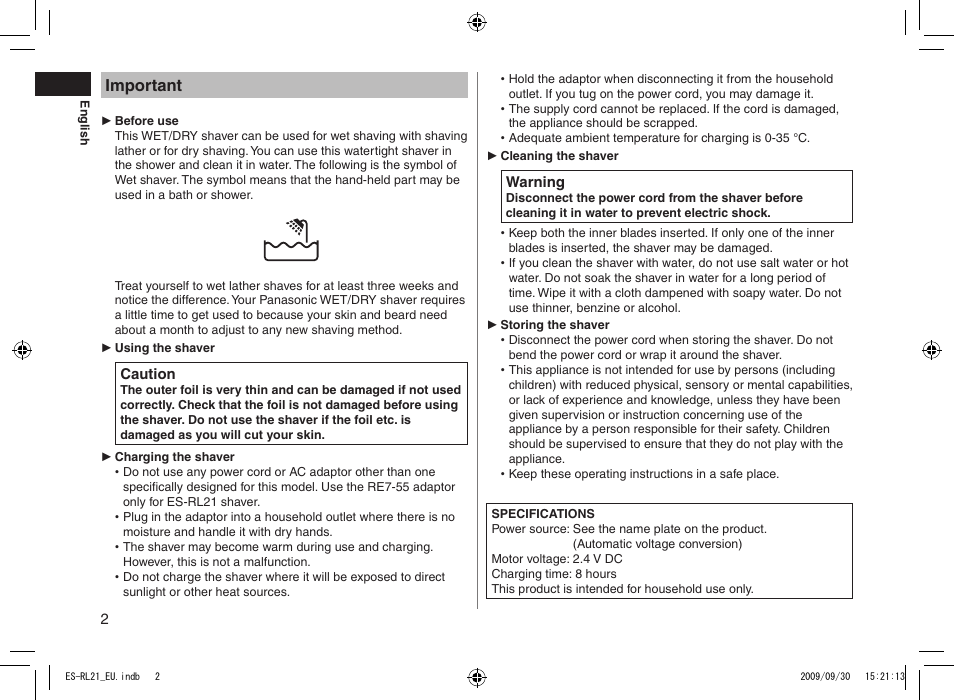 Important | Panasonic ESRL21 User Manual | Page 2 / 92
