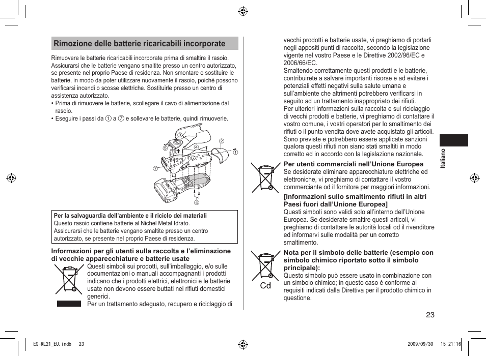 Rimozione delle batterie ricaricabili incorporate | Panasonic ESRL21 User Manual | Page 23 / 92
