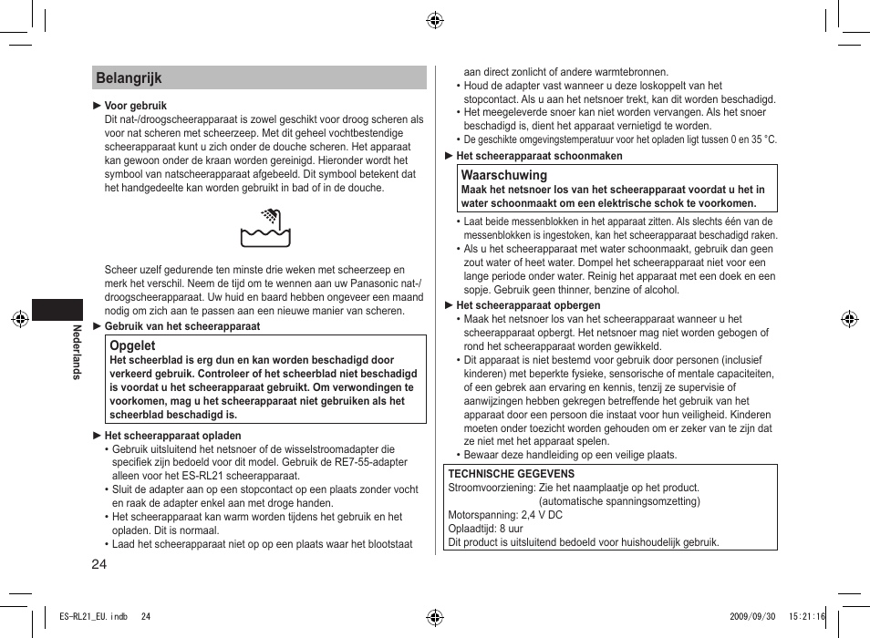 Belangrijk | Panasonic ESRL21 User Manual | Page 24 / 92