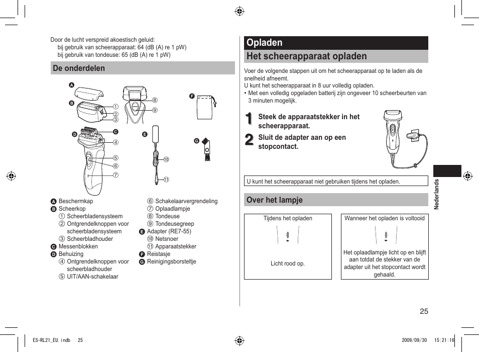 Opladen het scheerapparaat opladen | Panasonic ESRL21 User Manual | Page 25 / 92