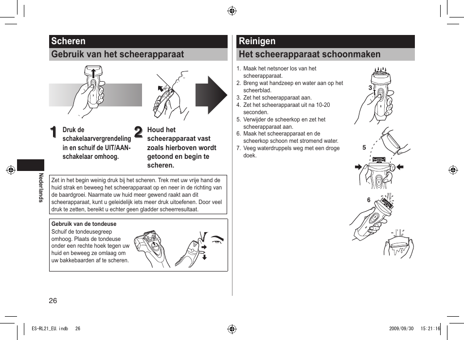 Scheren gebruik van het scheerapparaat, Reinigen het scheerapparaat schoonmaken | Panasonic ESRL21 User Manual | Page 26 / 92