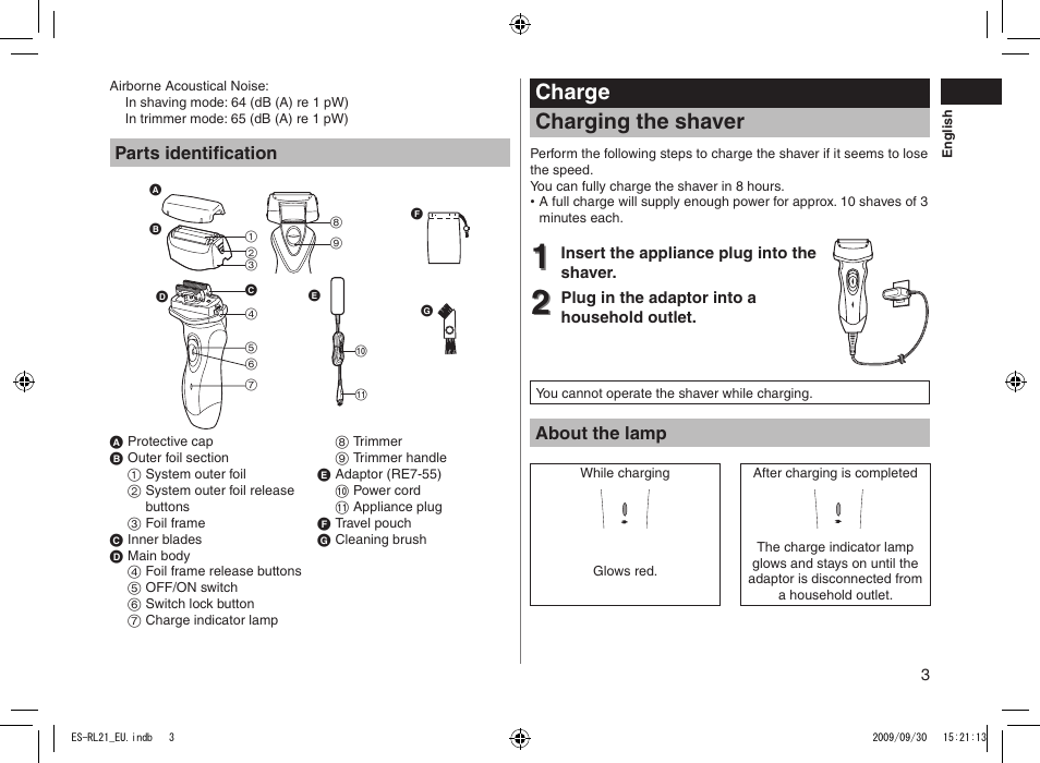 Charge charging the shaver | Panasonic ESRL21 User Manual | Page 3 / 92