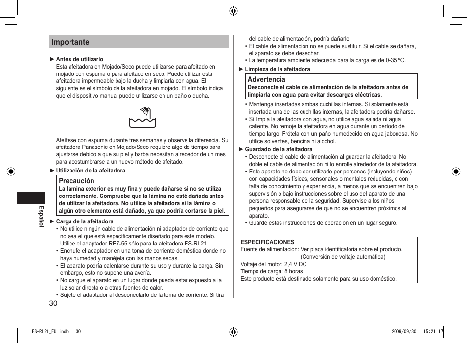 Importante | Panasonic ESRL21 User Manual | Page 30 / 92