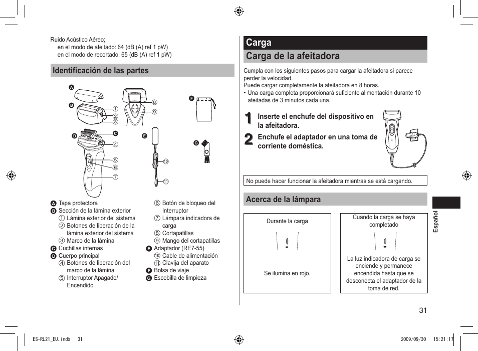 Carga carga de la afeitadora | Panasonic ESRL21 User Manual | Page 31 / 92
