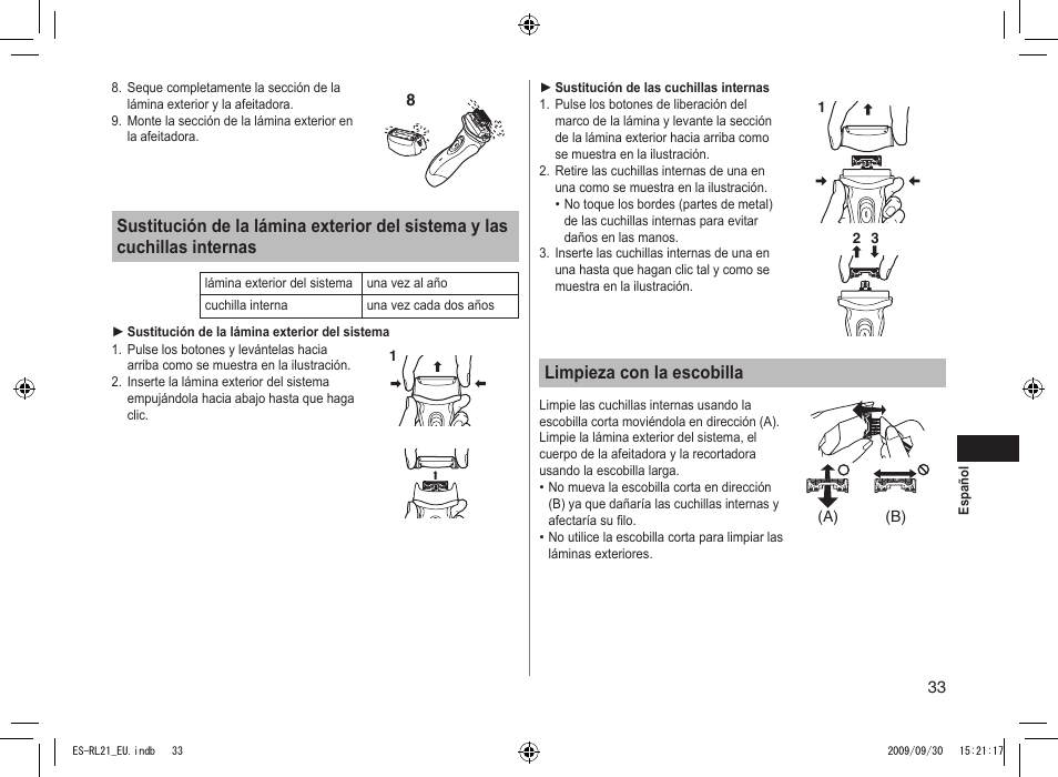 Limpieza con la escobilla | Panasonic ESRL21 User Manual | Page 33 / 92