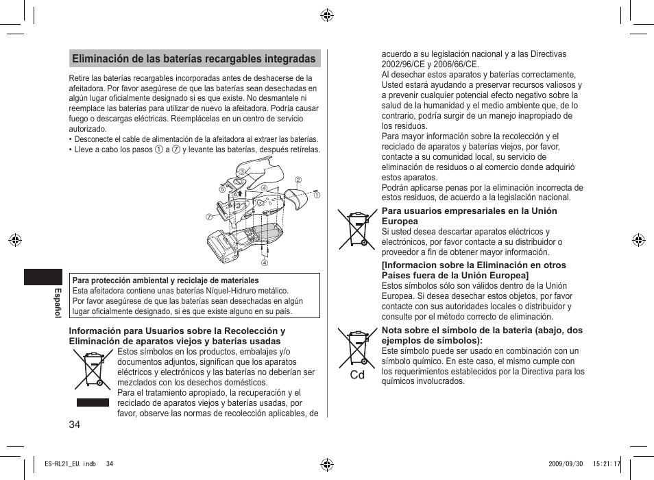 Eliminación de las baterías recargables integradas | Panasonic ESRL21 User Manual | Page 34 / 92