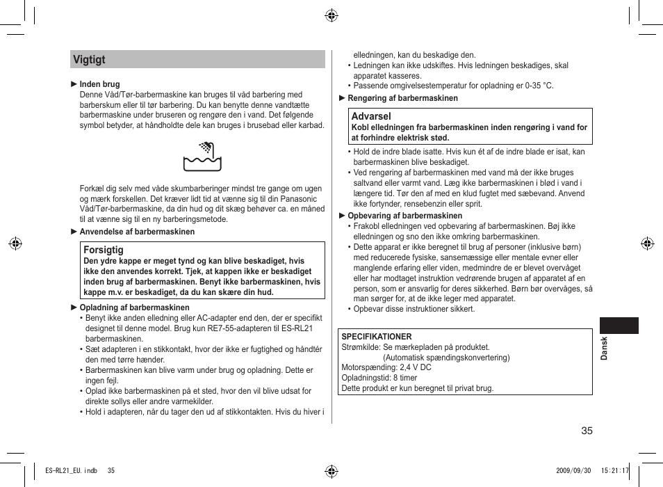 Vigtigt | Panasonic ESRL21 User Manual | Page 35 / 92