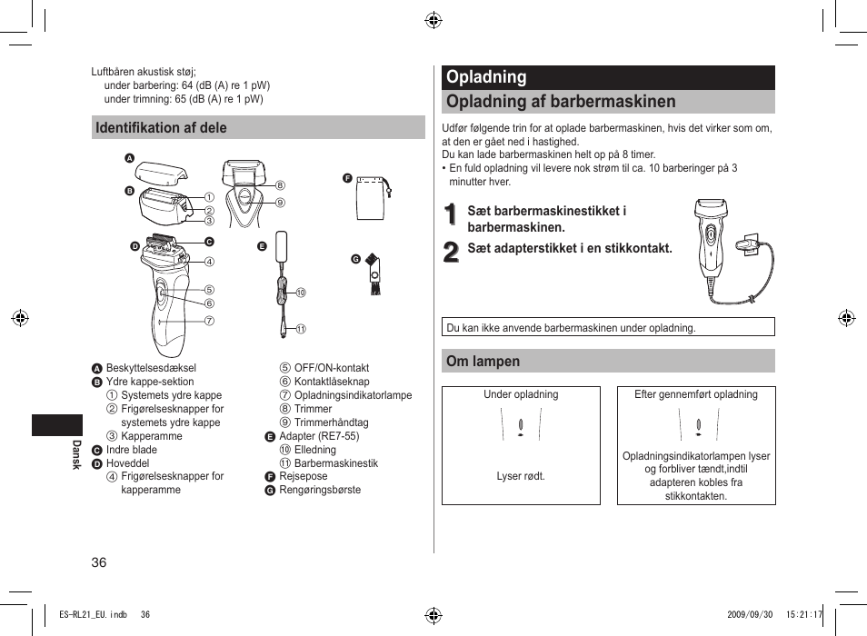 Opladning opladning af barbermaskinen | Panasonic ESRL21 User Manual | Page 36 / 92