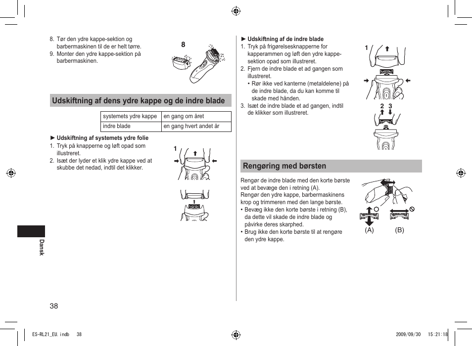 Udskiftning af dens ydre kappe og de indre blade, Rengøring med børsten | Panasonic ESRL21 User Manual | Page 38 / 92