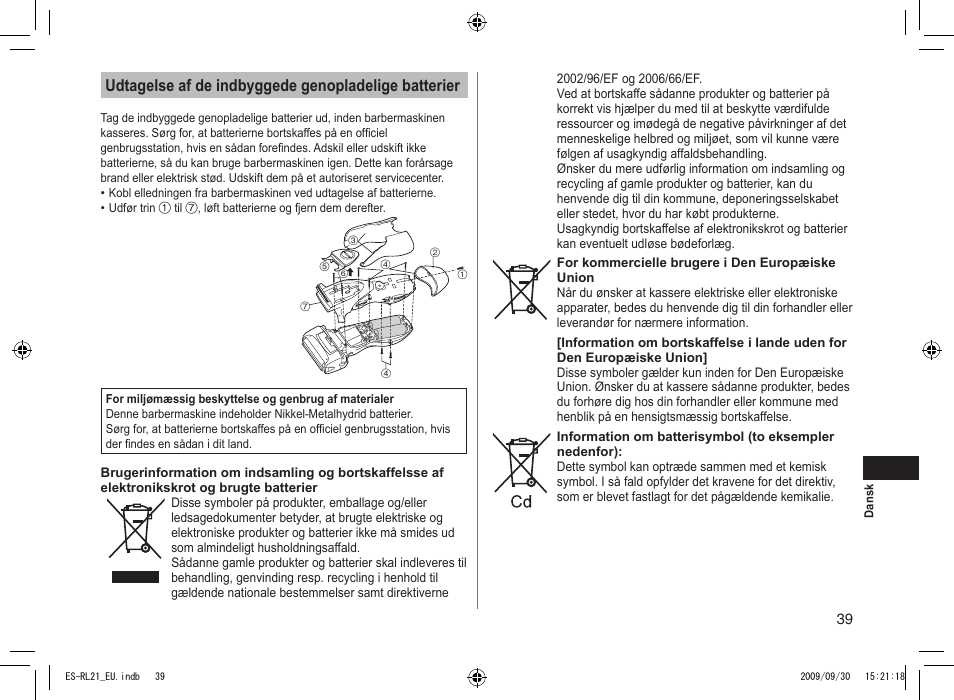 Udtagelse af de indbyggede genopladelige batterier | Panasonic ESRL21 User Manual | Page 39 / 92