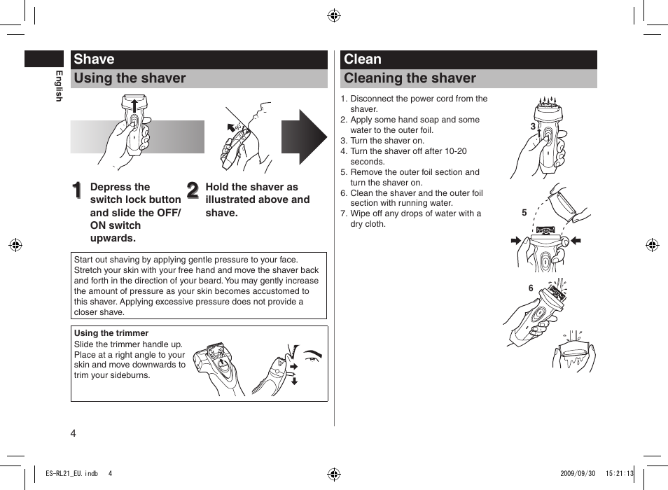 Shave using the shaver, Clean cleaning the shaver | Panasonic ESRL21 User Manual | Page 4 / 92