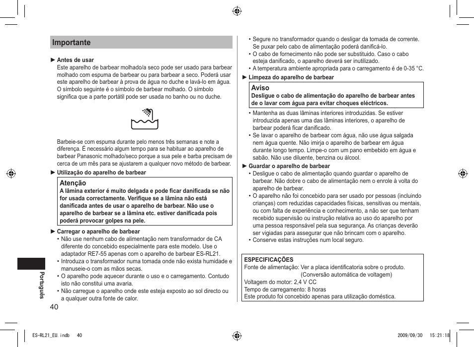 Importante | Panasonic ESRL21 User Manual | Page 40 / 92