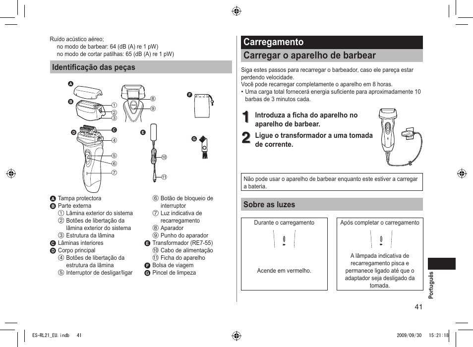 Carregamento carregar o aparelho de barbear | Panasonic ESRL21 User Manual | Page 41 / 92