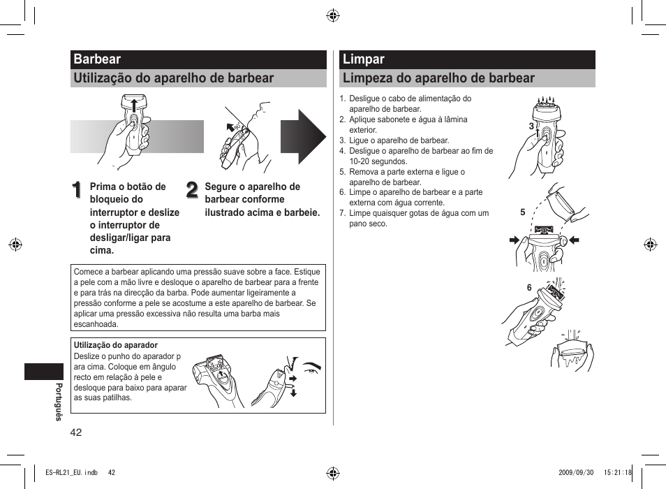 Barbear utilização do aparelho de barbear, Limpar limpeza do aparelho de barbear | Panasonic ESRL21 User Manual | Page 42 / 92