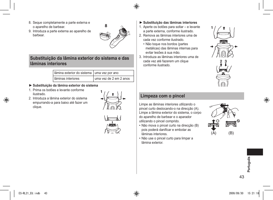 Limpeza com o pincel | Panasonic ESRL21 User Manual | Page 43 / 92