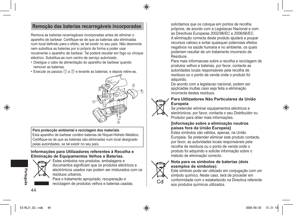 Remoção das baterias recarregáveis incorporadas | Panasonic ESRL21 User Manual | Page 44 / 92