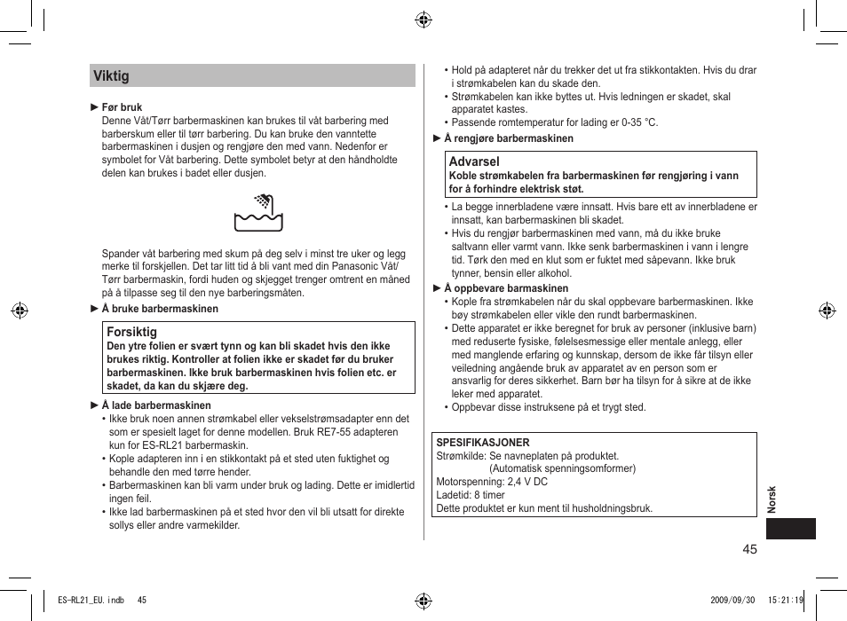 Viktig | Panasonic ESRL21 User Manual | Page 45 / 92