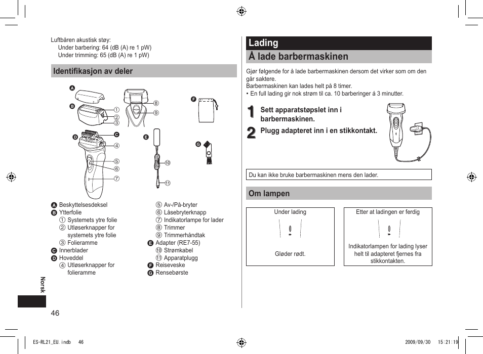 Lading å lade barbermaskinen | Panasonic ESRL21 User Manual | Page 46 / 92