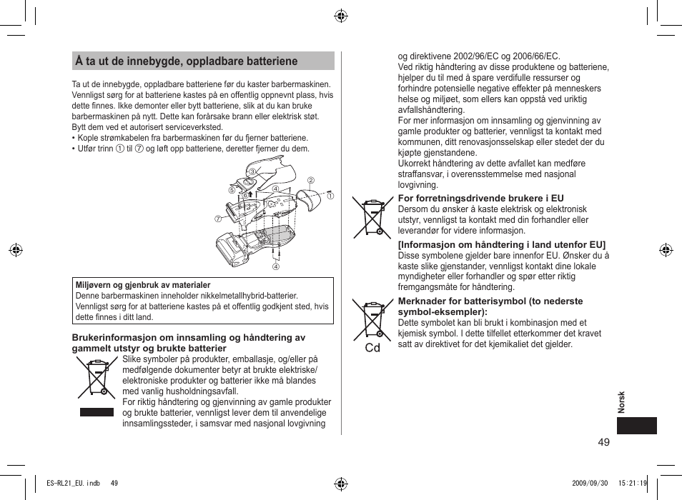 Å ta ut de innebygde, oppladbare batteriene | Panasonic ESRL21 User Manual | Page 49 / 92