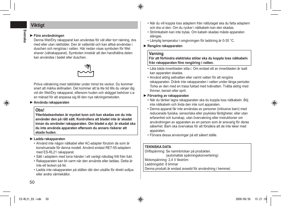 Viktigt | Panasonic ESRL21 User Manual | Page 50 / 92