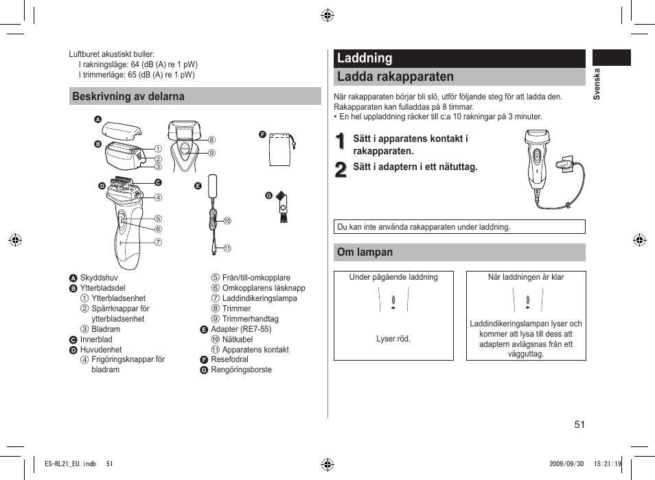 Laddning ladda rakapparaten | Panasonic ESRL21 User Manual | Page 51 / 92